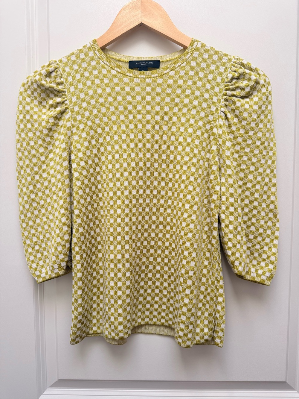 Ann Taylor Petite Chartreuse Puff Sleeve Check Sweater Size SP